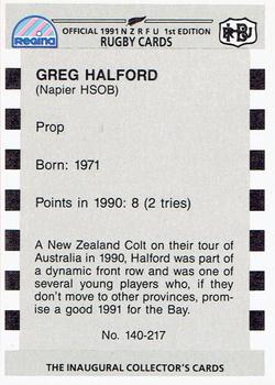 1991 Regina NZRFU 1st Edition #140 Greg Halford Back